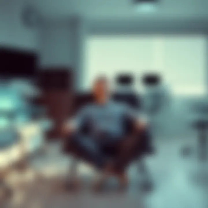 A person sitting calmly in a medical waiting room, practicing deep breathing to manage anxiety before a colonoscopy exam.