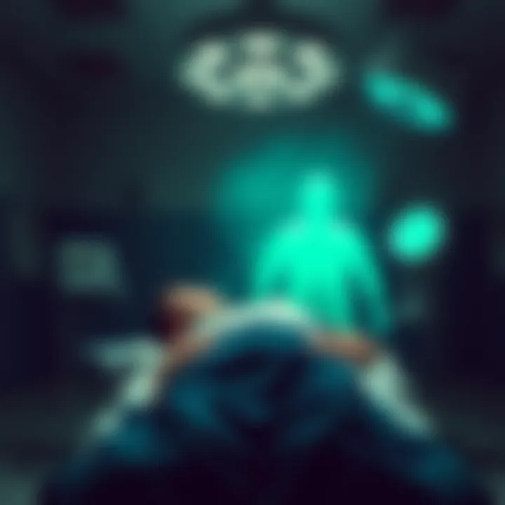 Patient in Surgery Room A patient lying on an operating table with a bright light above, appearing surprised as they see a mysterious, glowing figure nearby.