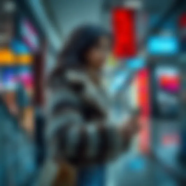 A woman shopping in a mall, holding a fur coat, with a shopping bag nearby.