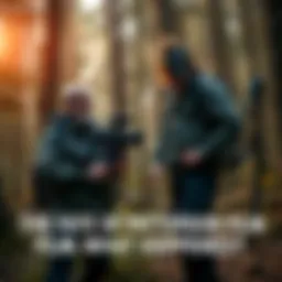 Roger Patterson standing with a camera and film equipment in a forest, capturing footage related to Bigfoot.