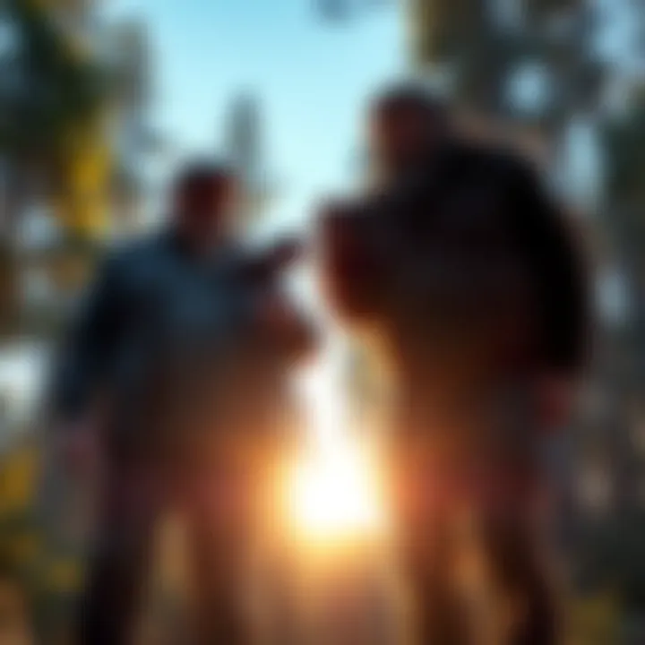 Roger Patterson and Bob Gimlin stand with a camera near a forest, discussing their Bigfoot sighting.