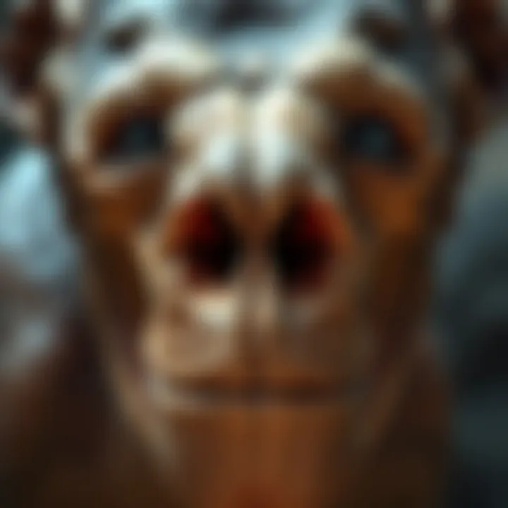 Close-up of Patty's facial traits, showcasing her distinct nose, tall head, and wide mouth, suggesting herbivorous diet and hominin-like characteristics.