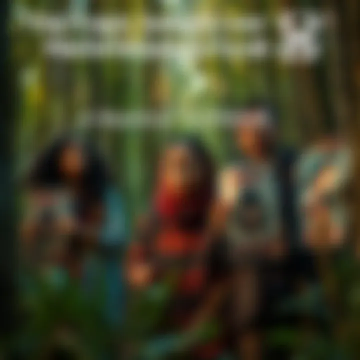 A family searching in the woods with worried expressions, holding posters of Paulette.