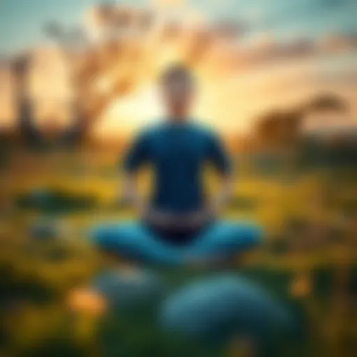 A person sitting cross-legged in a serene environment, practicing Metta meditation with a calm expression, surrounded by nature.
