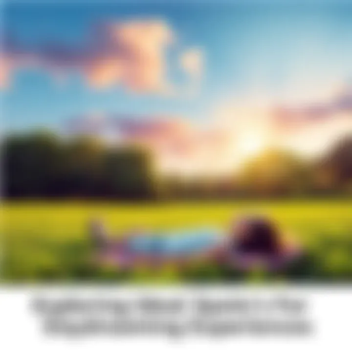 A serene park with lush green grass and a person lying on a blanket, gazing at the sky with a dreamy expression