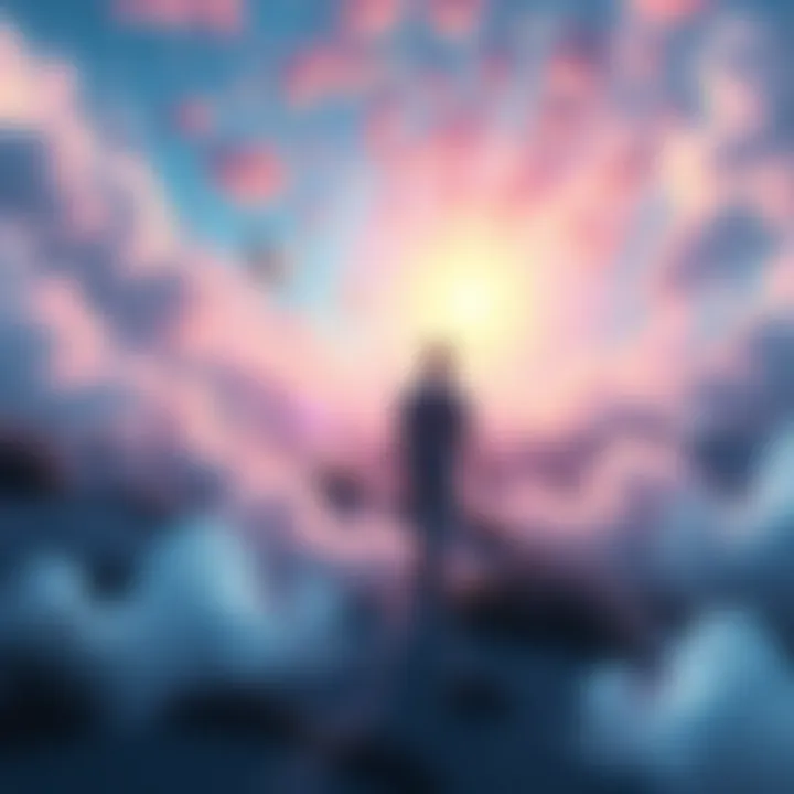 A serene scene depicting a person exploring a vibrant, dreamlike landscape filled with loved ones and bright colors, symbolizing a peaceful afterlife.