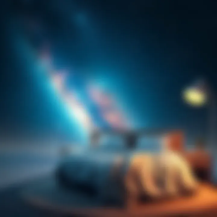 A peaceful bedroom setting with a cozy bed and a starry night sky A serene bedroom featuring a comfortable bed under a starry sky, symbolizing the importance of sleep consistency for better lucid dreaming