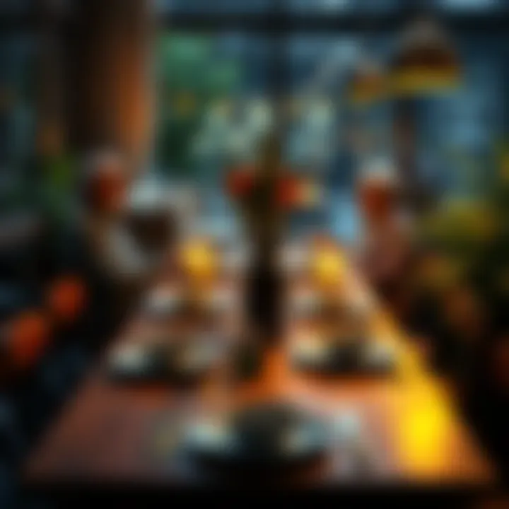 A serene dining table set for a meal, surrounded by plants and soft lighting, creating a calm atmosphere