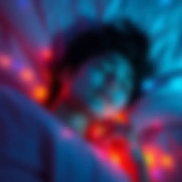 A person lying in bed, eyes closed, appearing relaxed in a light sleep state, surrounded by soft colors that suggest a dreamlike atmosphere.