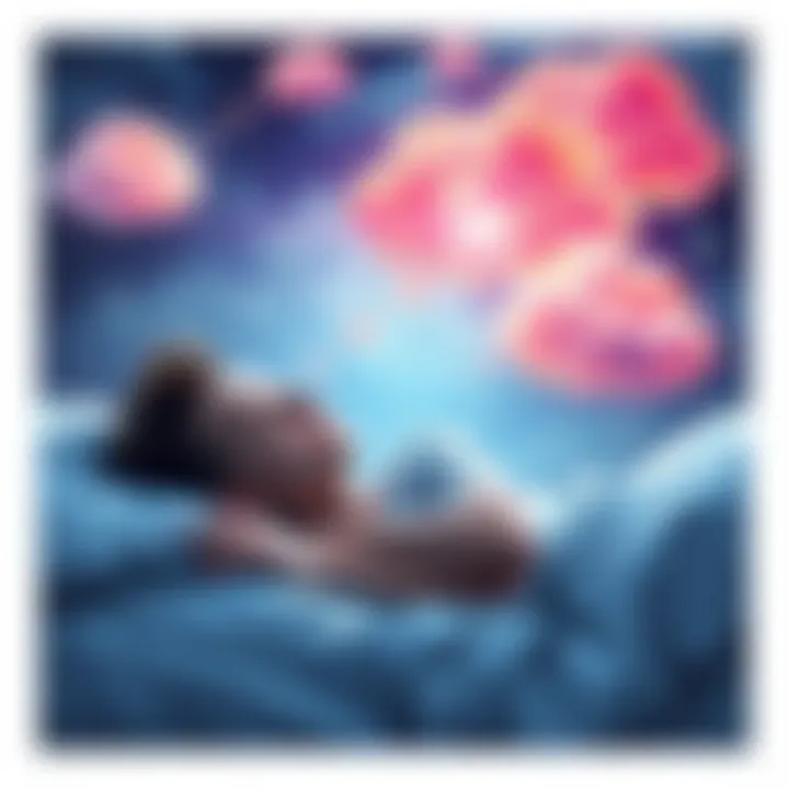 A person sleeping peacefully, with thought bubbles showing vivid dreams and clouds around them, depicting dream-like visuals.