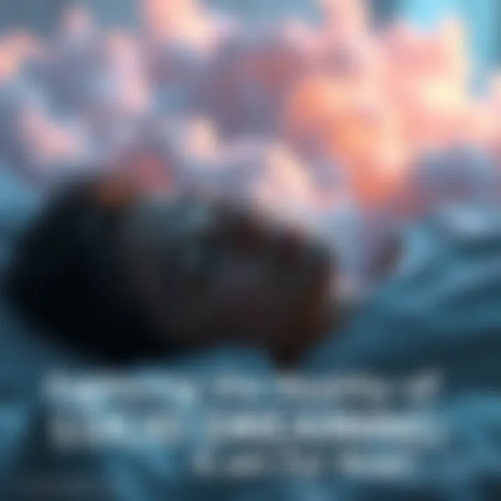 Person dreaming peacefully A person lying in bed with a calm expression, surrounded by dream-like clouds and soft colors, representing the concept of lucid dreaming.