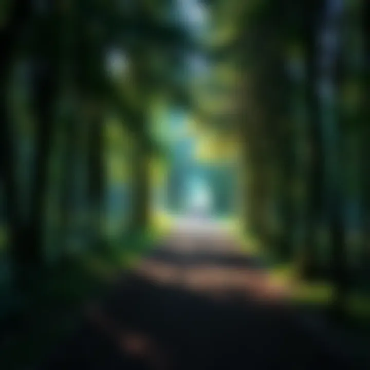 A serene forest path leading through trees, symbolizing a journey of self-realization and letting go of ego.