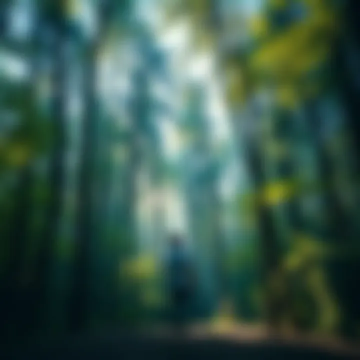 A person standing in a serene forest, looking up at the trees with a sense of calm and reflection