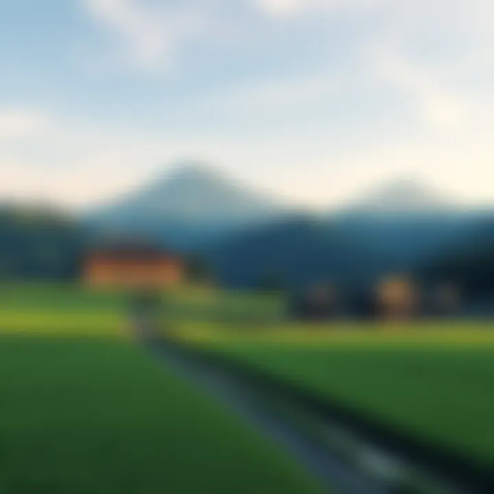 A quiet scene of lush green fields and traditional Japanese houses surrounded by mountains under a clear sky, highlighting the calmness of rural Japan