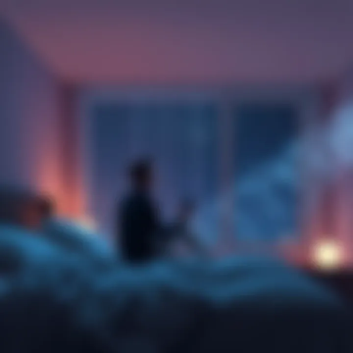 A serene bedroom scene at night, with soft lighting. A figure sits on the edge of a bed, eyes closed, as faint, ghostly voices seem to swirl around them, reflecting a moment of deep thought and curiosity about the supernatural.