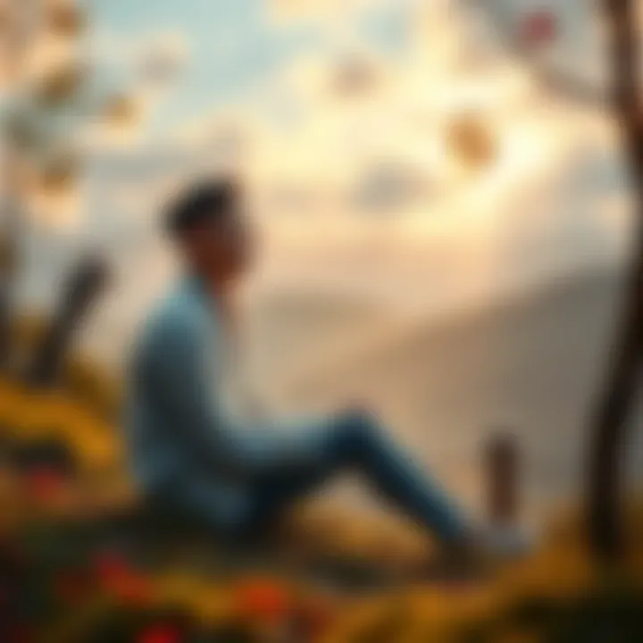A person sitting peacefully in nature, reflecting and smiling, symbolizing friendship with the Tao