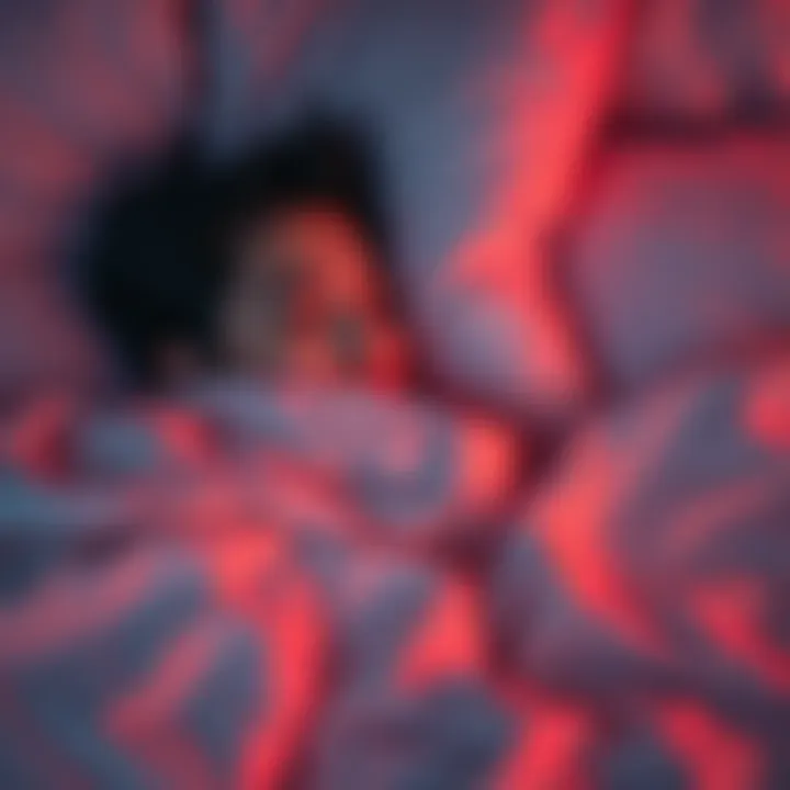 A young adult sleeping peacefully in bed with a serene expression, surrounded by calming colors and soft pillows, symbolizing restful sleep without nightmares.
