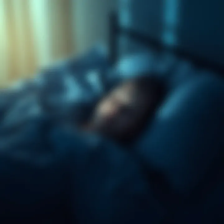 A person lying in bed with a calm expression, surrounded by soft shadows and gentle light, suggesting a comforting presence in the room.