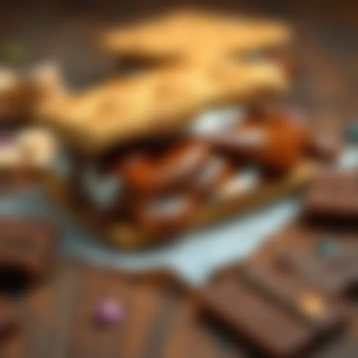 A close-up of a peanut butter s'more with melted chocolate and toasted marshmallow, laid on a wooden table.