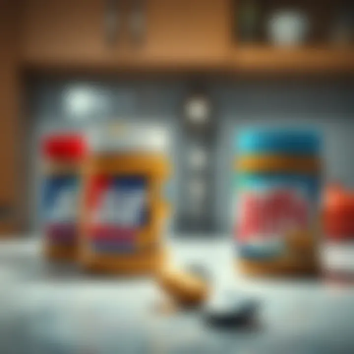Peanut butter jars on a kitchen counter Two jars of peanut butter, one labeled Jif and the other Jiffy, on a kitchen counter with a spoon nearby