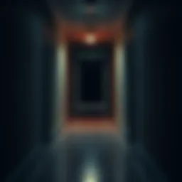 A strange shape seen at the end of a dark hallway with a faint light illuminating it