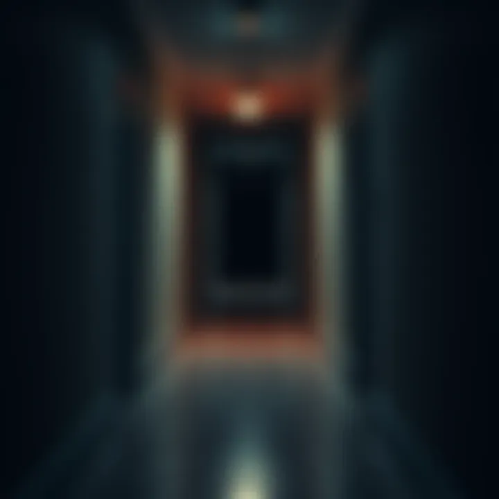 A strange shape seen at the end of a dark hallway with a faint light illuminating it