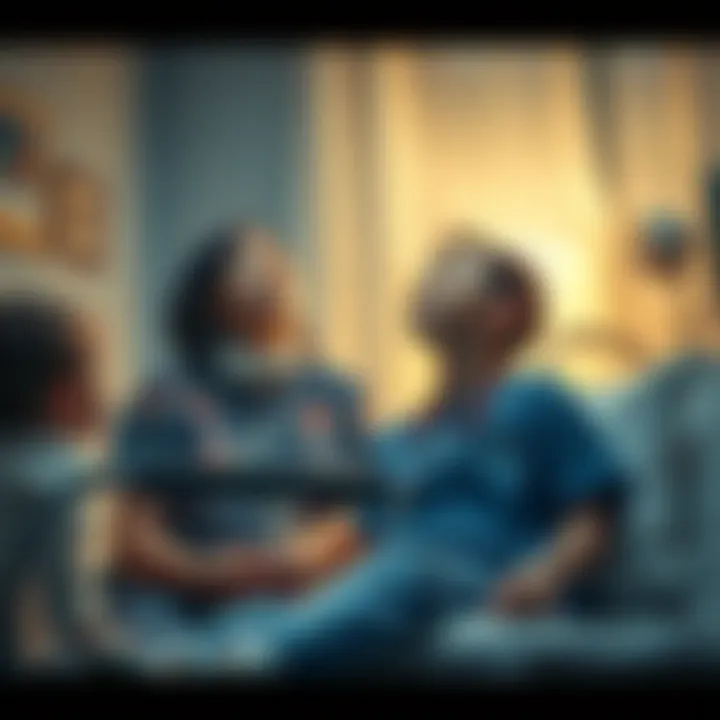 A pediatric hospice nurse sitting beside a terminally ill child, both looking up as if interacting with unseen beings. The room is softly lit, creating a warm and caring atmosphere.