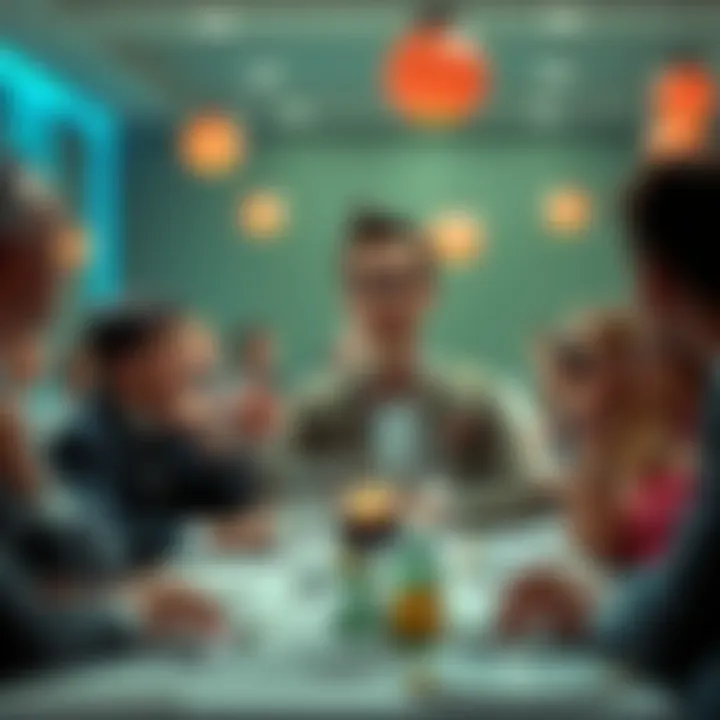 A man sitting at a crowded dinner table, surprised and confused while flirting with a character resembling Pee Wee Herman, who has a distinctive suit and bowtie.