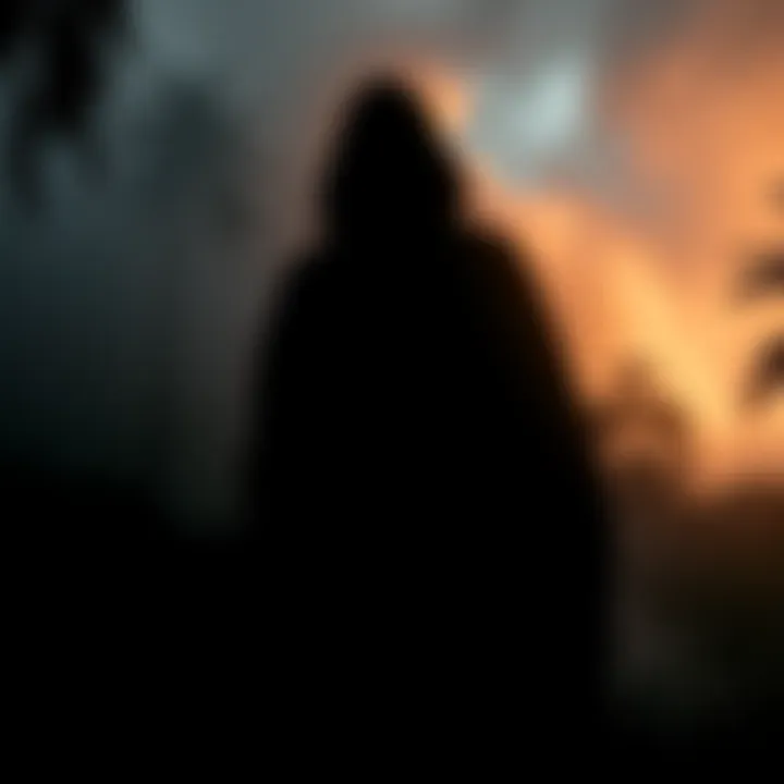 A shadowy figure symbolizing the Pelacaras fear, surrounded by dark forest and mist, representing the anxieties of the Shipibo-Konibo tribe.