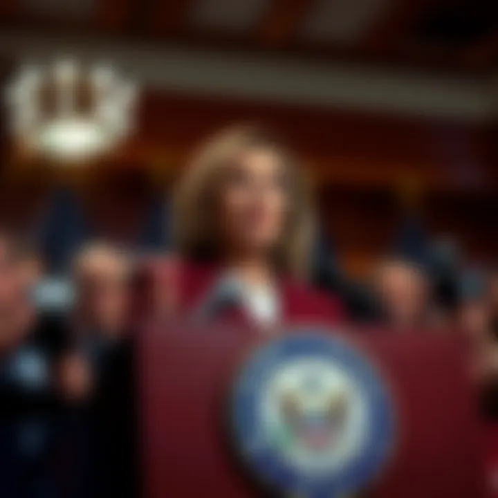 House Speaker Nancy Pelosi speaking at a podium, announcing she will not seek reelection in 2025, with reporters and cameras present.