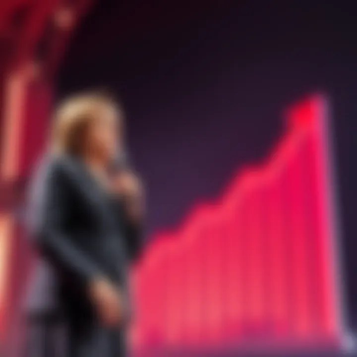 Nancy Pelosi standing next to a large graph showing a dramatic increase in wealth, symbolizing financial growth and political concerns