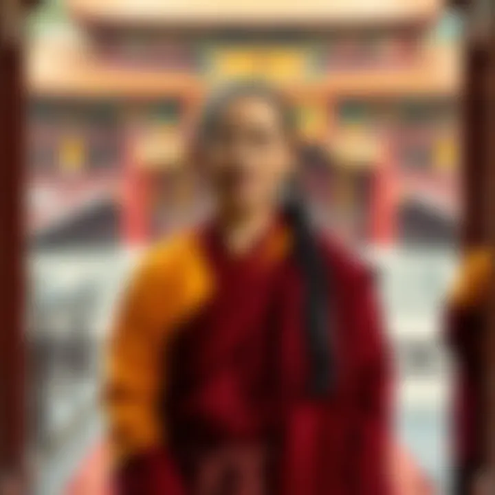 Pema Khandro, an authorized Lama, wearing traditional Buddhist robes, stands with a serene expression in a temple setting.