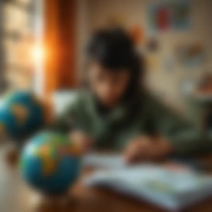 An American student writing a letter to their pen pal in Lebanon, showing a globe and diverse cultural symbols on the desk, symbolizing connection and understanding across borders.