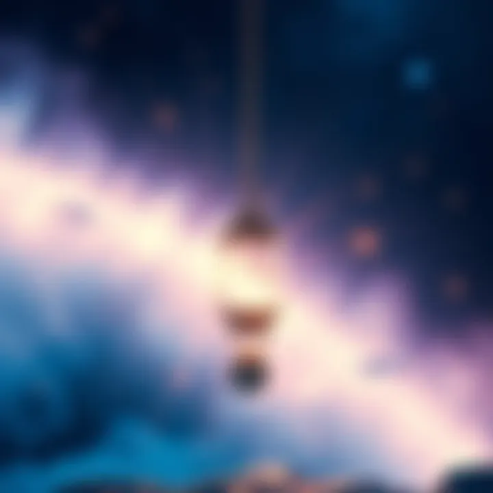 A pendulum hanging above a surface with a symbol representing Lady Frigg, surrounded by mystical elements like stars and a soft glow.