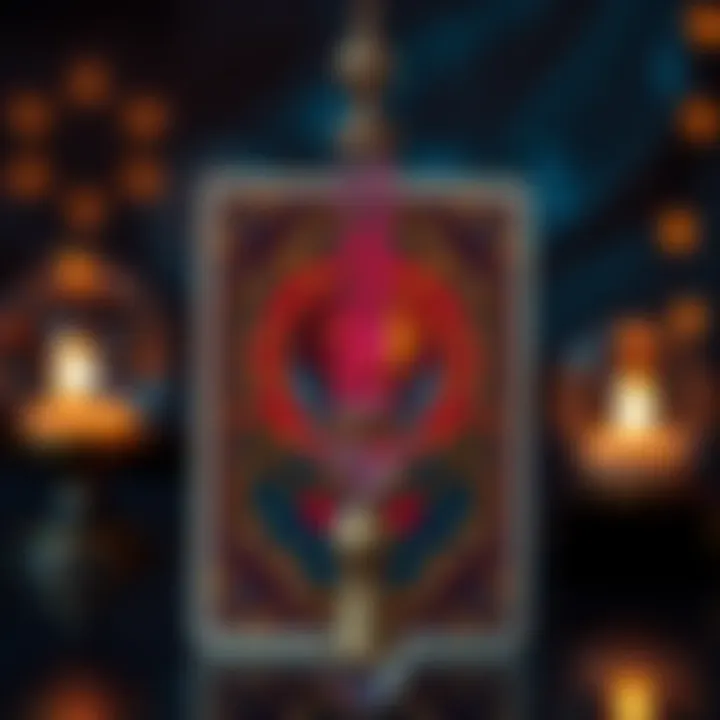 Pendulum Reading Offer A pendulum swinging above a tarot card with bright colors, inviting people for free readings.