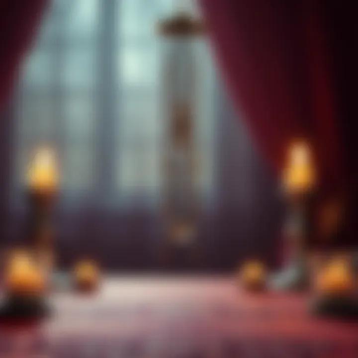 A pendulum hanging over a table with glowing candles and a mystical vibe, inviting people to seek free yes or no readings in the comments.