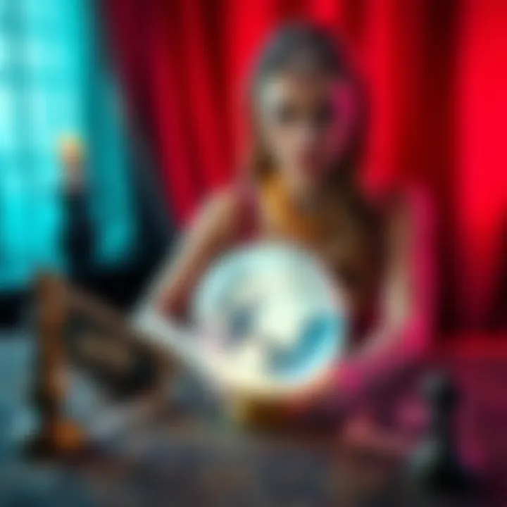 Penelope sitting at a table with tarot cards and a crystal ball, inviting people to ask questions for psychic predictions.