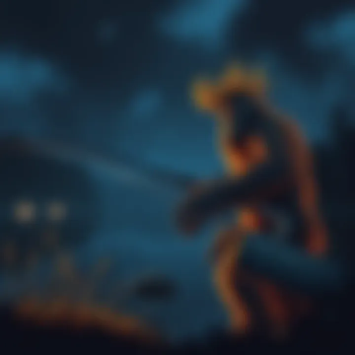 A night fishing scene with a strange creature resembling Bigfoot, featuring wrinkly skin and a mohawk hairstyle, near a dimly lit lake.