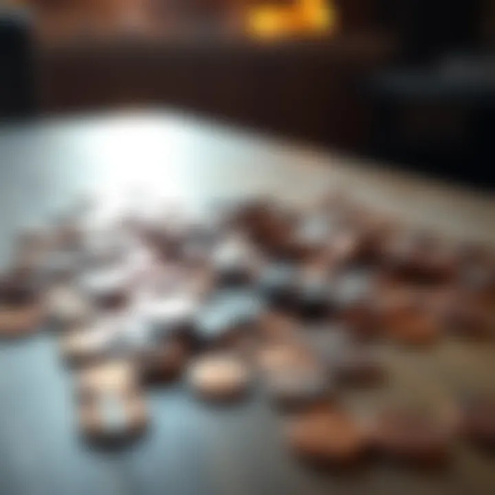 A pile of pennies scattered on a wooden table, representing cash transactions