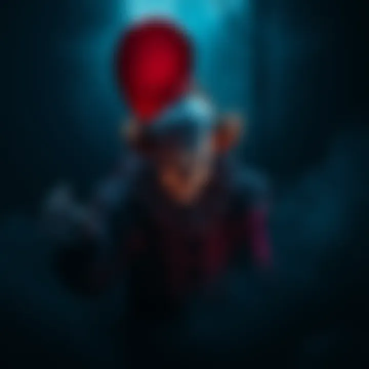 Pennywise Dream Scene A dark, eerie setting with Pennywise lurking in the shadows, featuring a balloon and a foggy background that captures the unsettling vibe of nightmares.