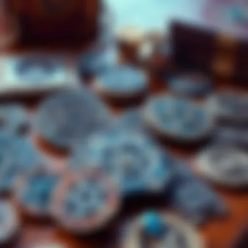 A collection of pentacles and talismans on a wooden table, showcasing their intricate designs and symbols related to planetary magic.