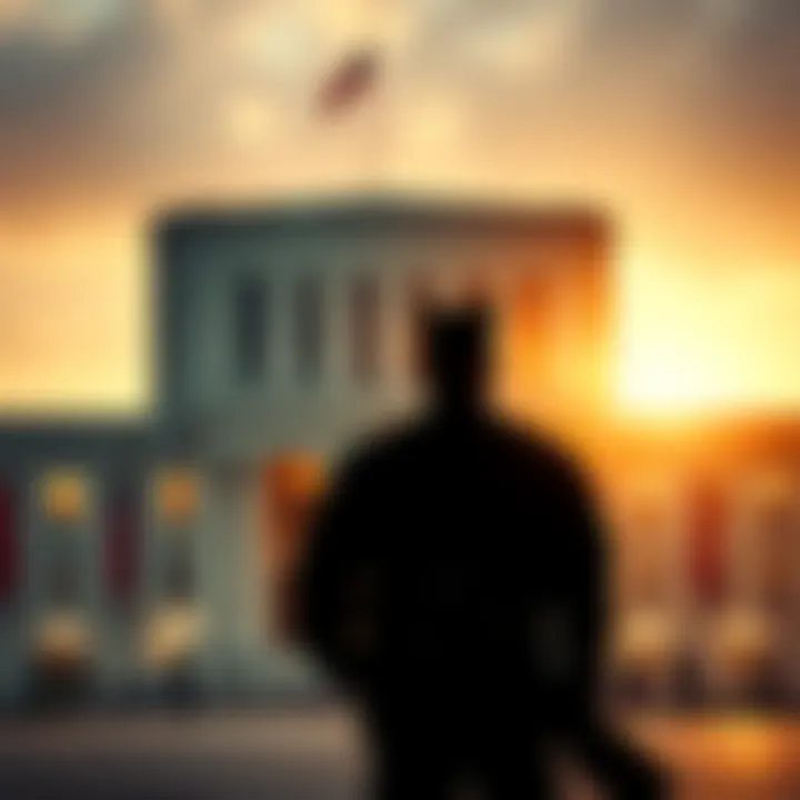A silhouette of a whistleblower outside the Pentagon building, with military personnel in the background.