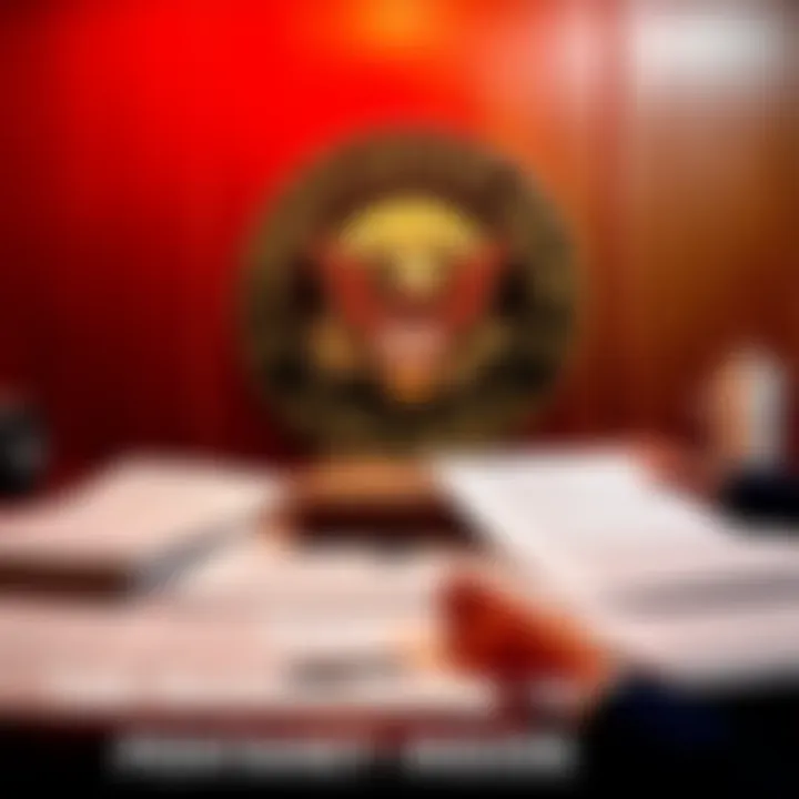 Documents being reviewed on a desk with a military emblem in the background