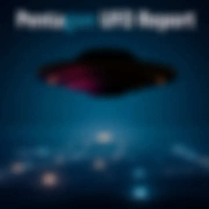 A silhouette of a UFO hovering over a military base at night, with beams of light shining down.