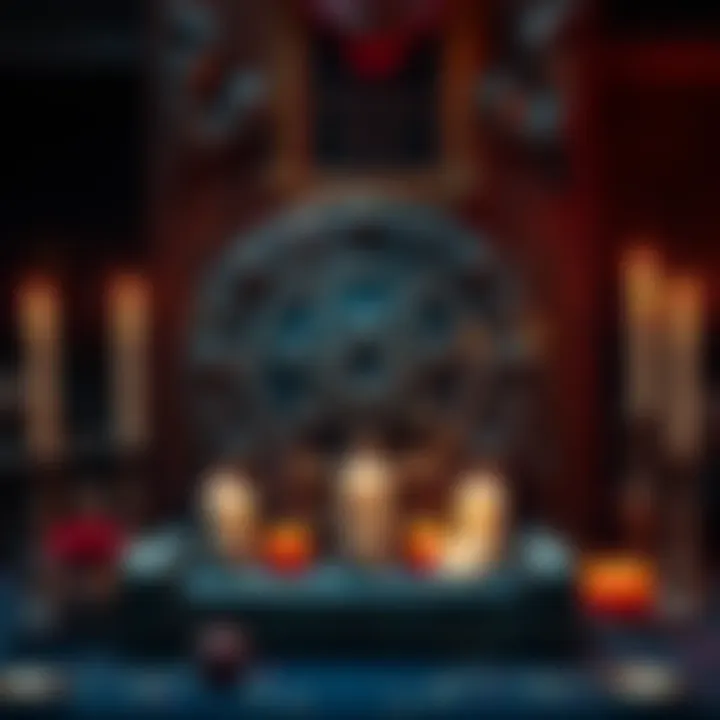 A detailed view of a pentagram breastplate displayed on an altar during a ritual, with candles and other ceremonial items around it.