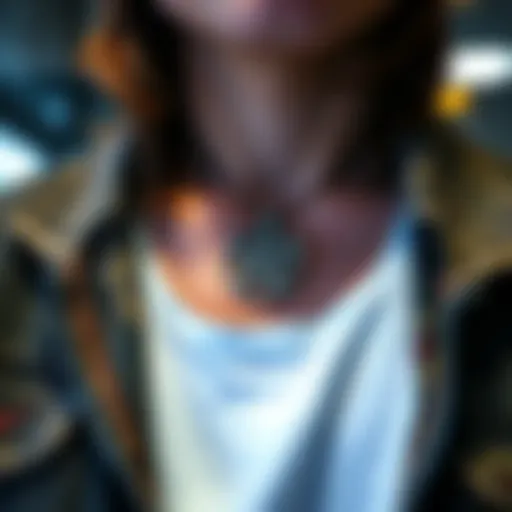 Close-up of a person showcasing a pentagram necklace with casual clothing