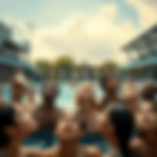 A diverse group of people at a pool seem surprised as they gaze upward, suggesting something unusual is happening above them.
