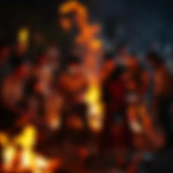 A group of people gathered around a fire, burning various objects like papers and wood, reflecting personal beliefs and cultural practices.