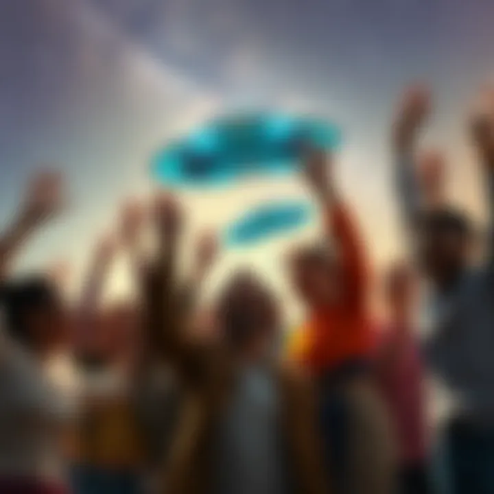 People celebrating the arrival of aliens A diverse group of people joyfully celebrating under a starry sky with alien spacecraft in the background