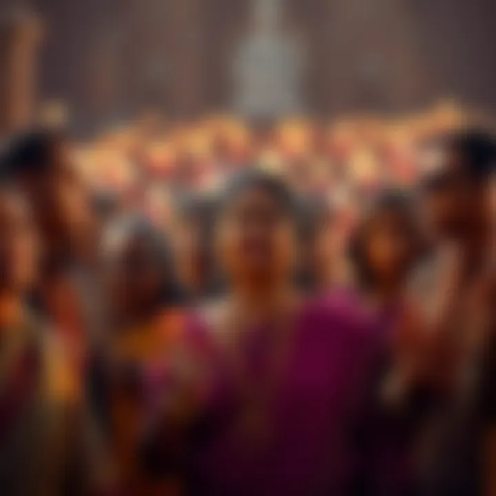 A group of diverse people chanting the Devi Sthuthi in a serene setting, showing their expressions of devotion and connection.
